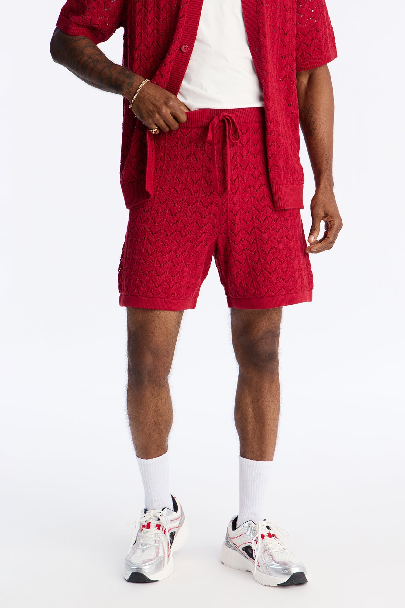 Waterfall Texture Open Knit Shorts - Burgundy image 1