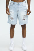 Classic Distressed Relaxed Denim Shorts - Light Blue Wash image 1