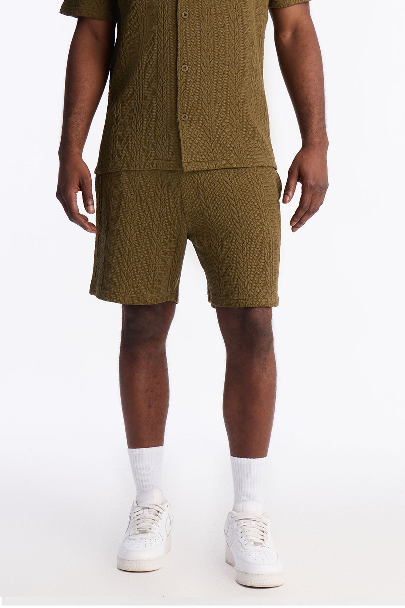Textured Stripes Relaxed Drawstring Shorts - Olive image 1