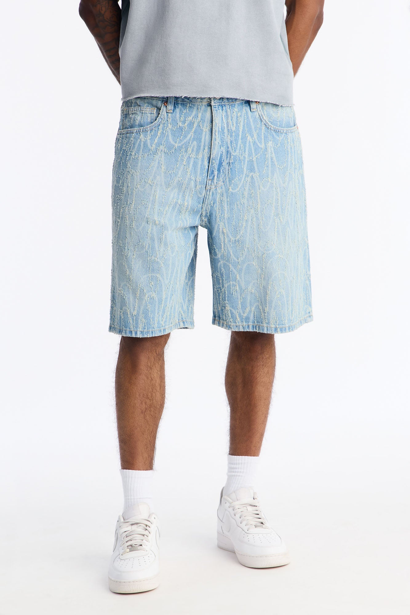 Relaxed Swervin Distressed Denim Short - Light Blue Wash image 1