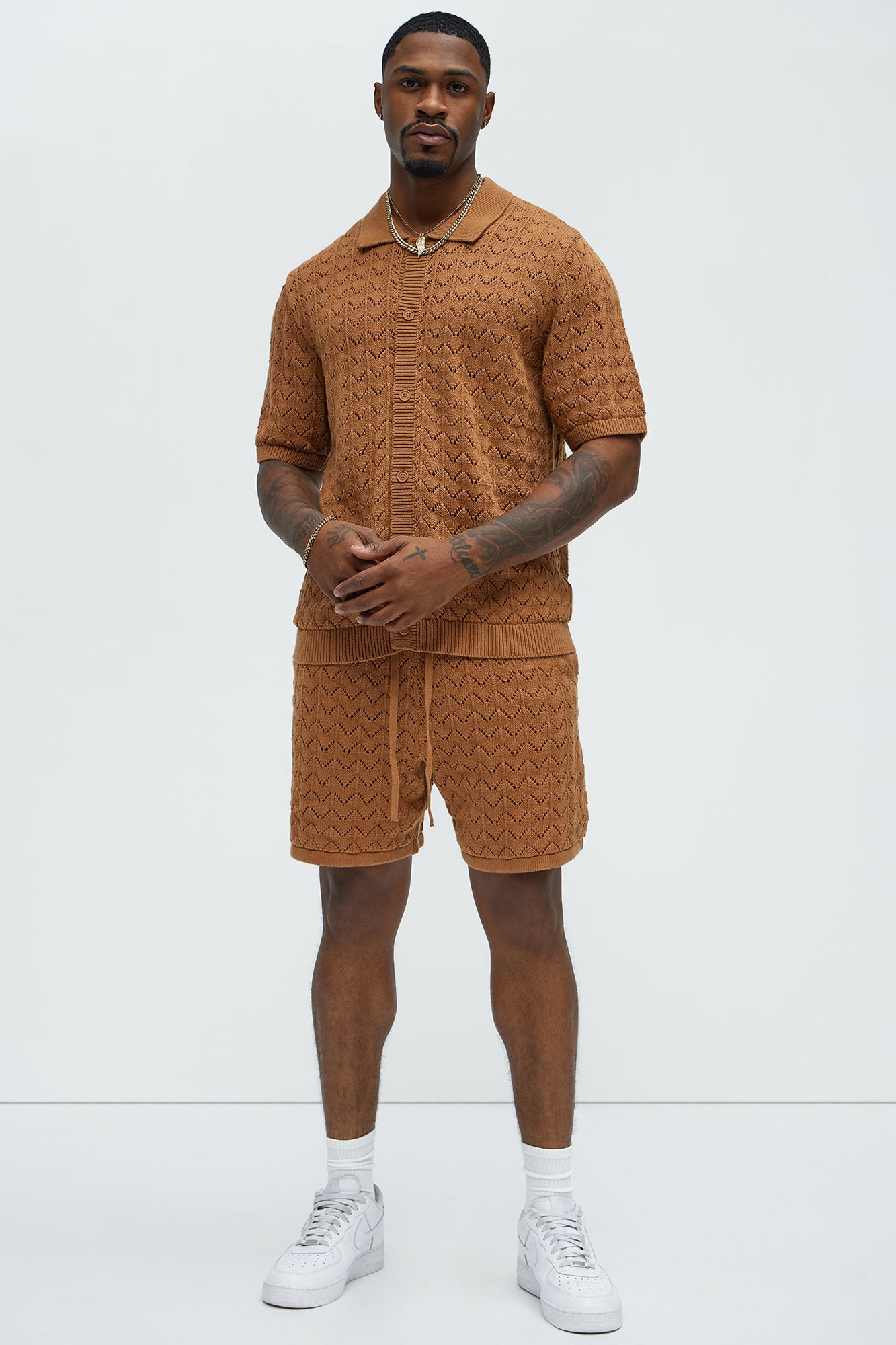 Waterfall Texture Open Knit Shorts - Brown image 3