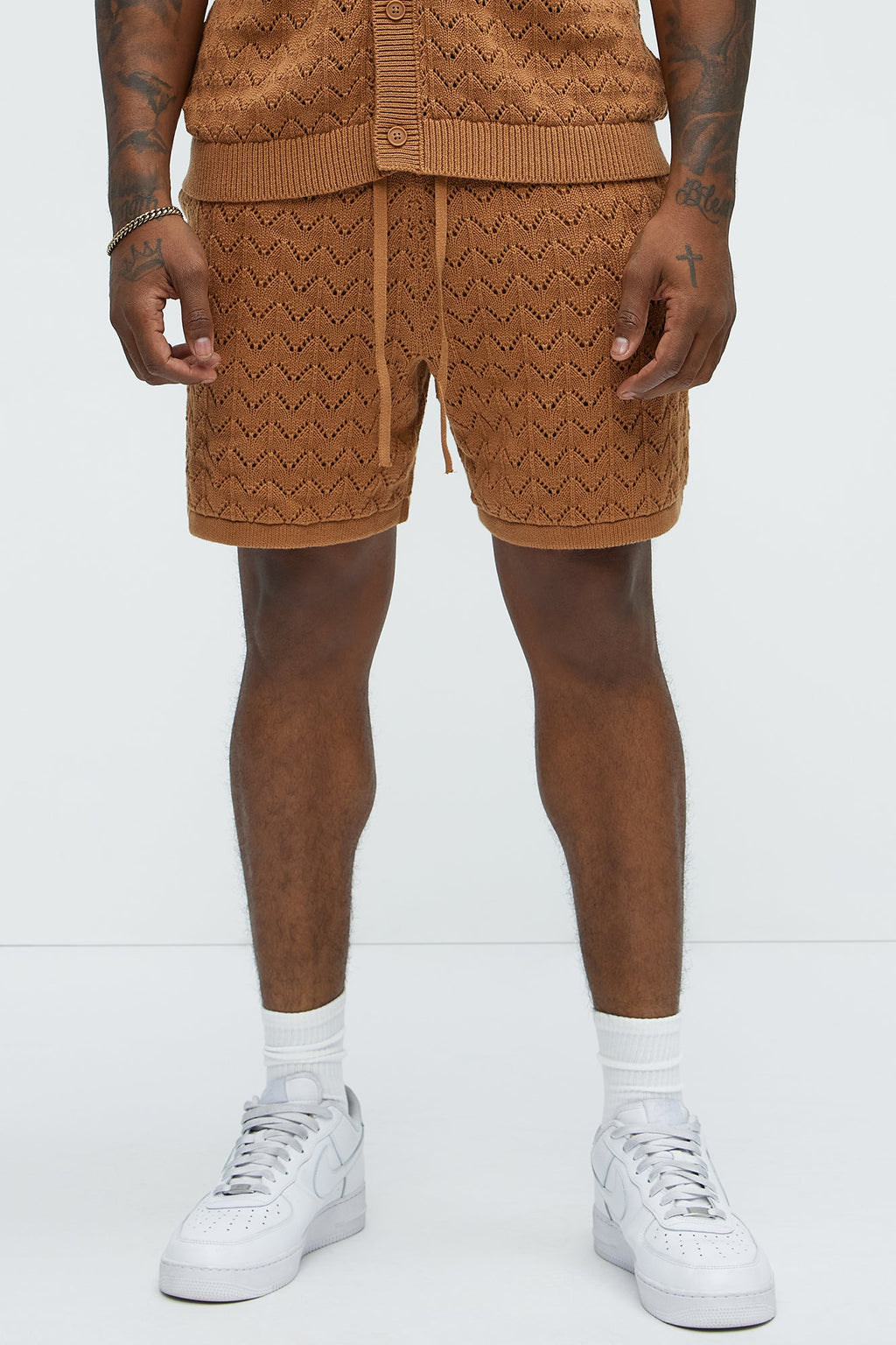 Waterfall Texture Open Knit Shorts - Brown image 2