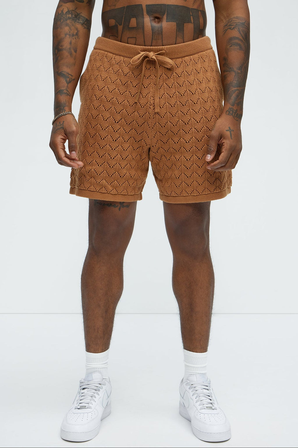 Waterfall Texture Open Knit Shorts - Brown image 1