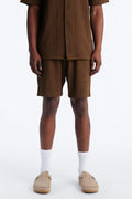 Textured Stripes Relaxed Drawstring Shorts - Brown image 1