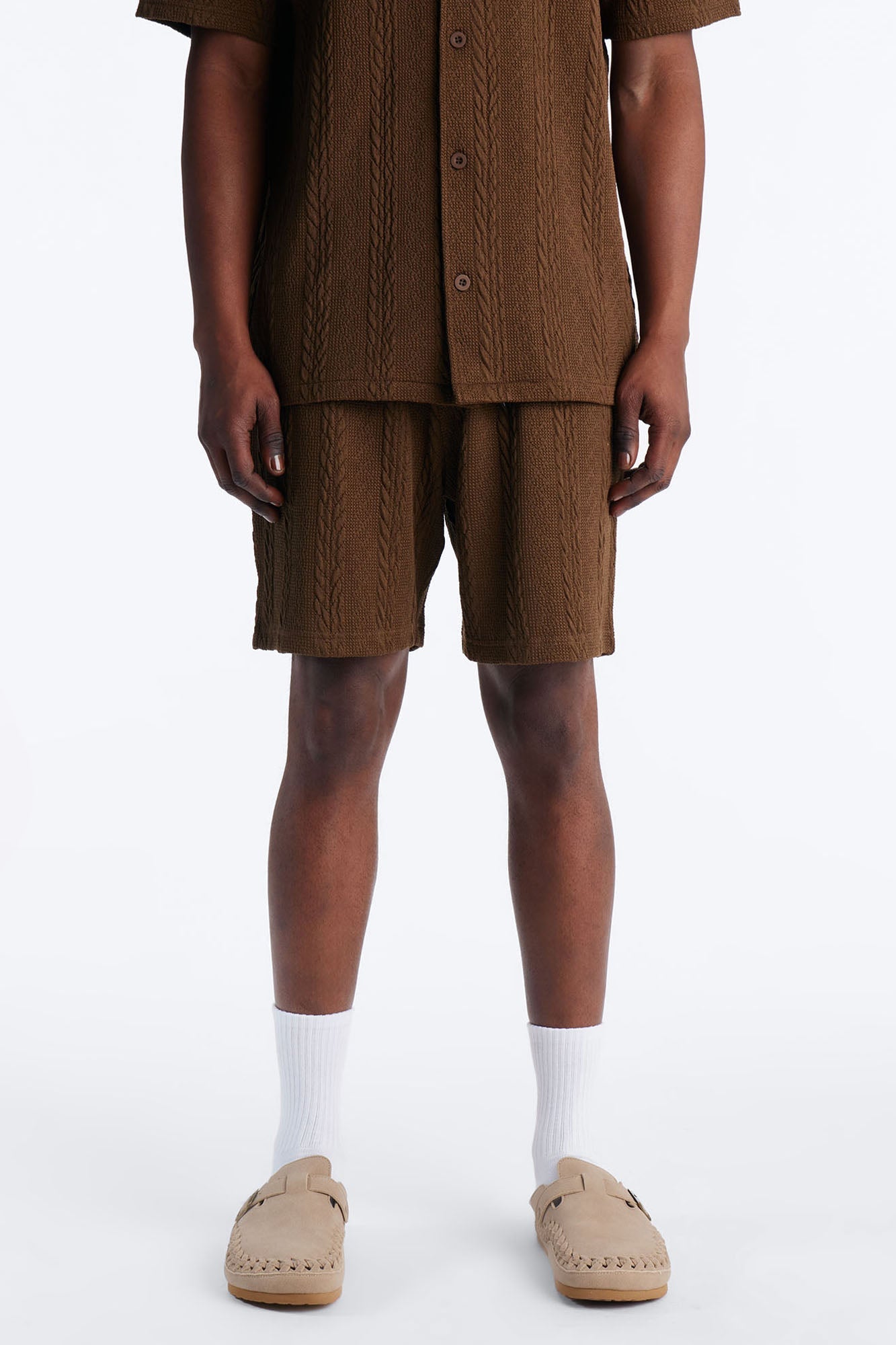 Textured Stripes Relaxed Drawstring Shorts - Brown image 1