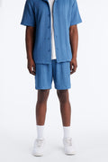 Textured Stripes Relaxed Drawstring Shorts - Blue image 1