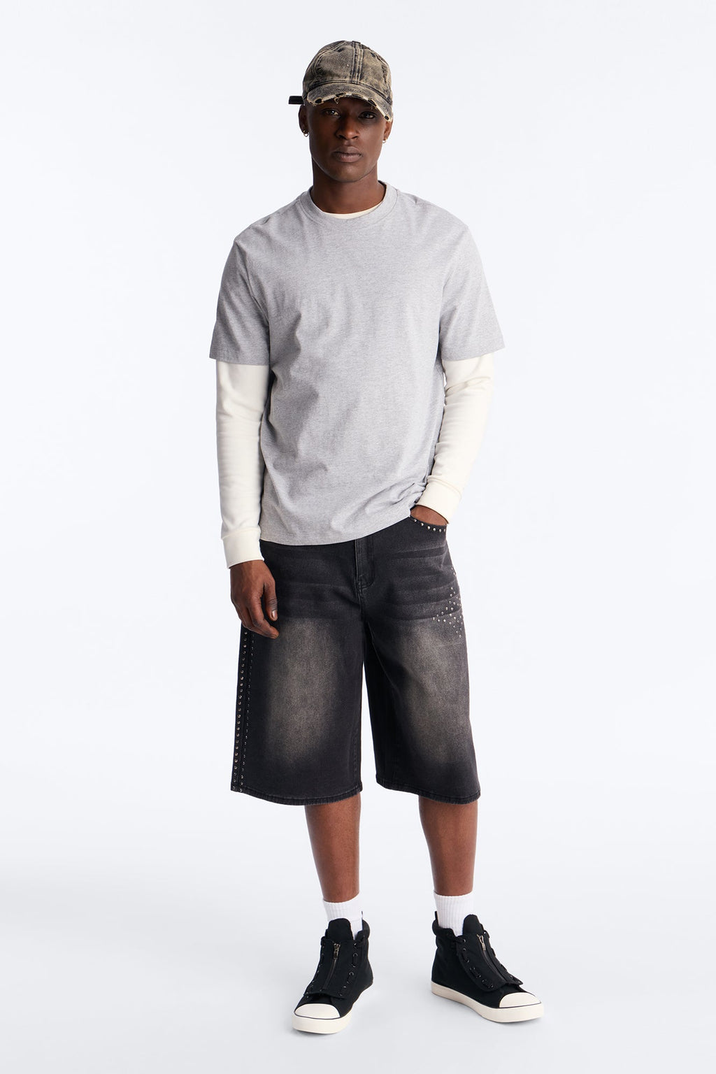 In Denim We Trust Baggy Studded Denim Short - Black Wash image 2