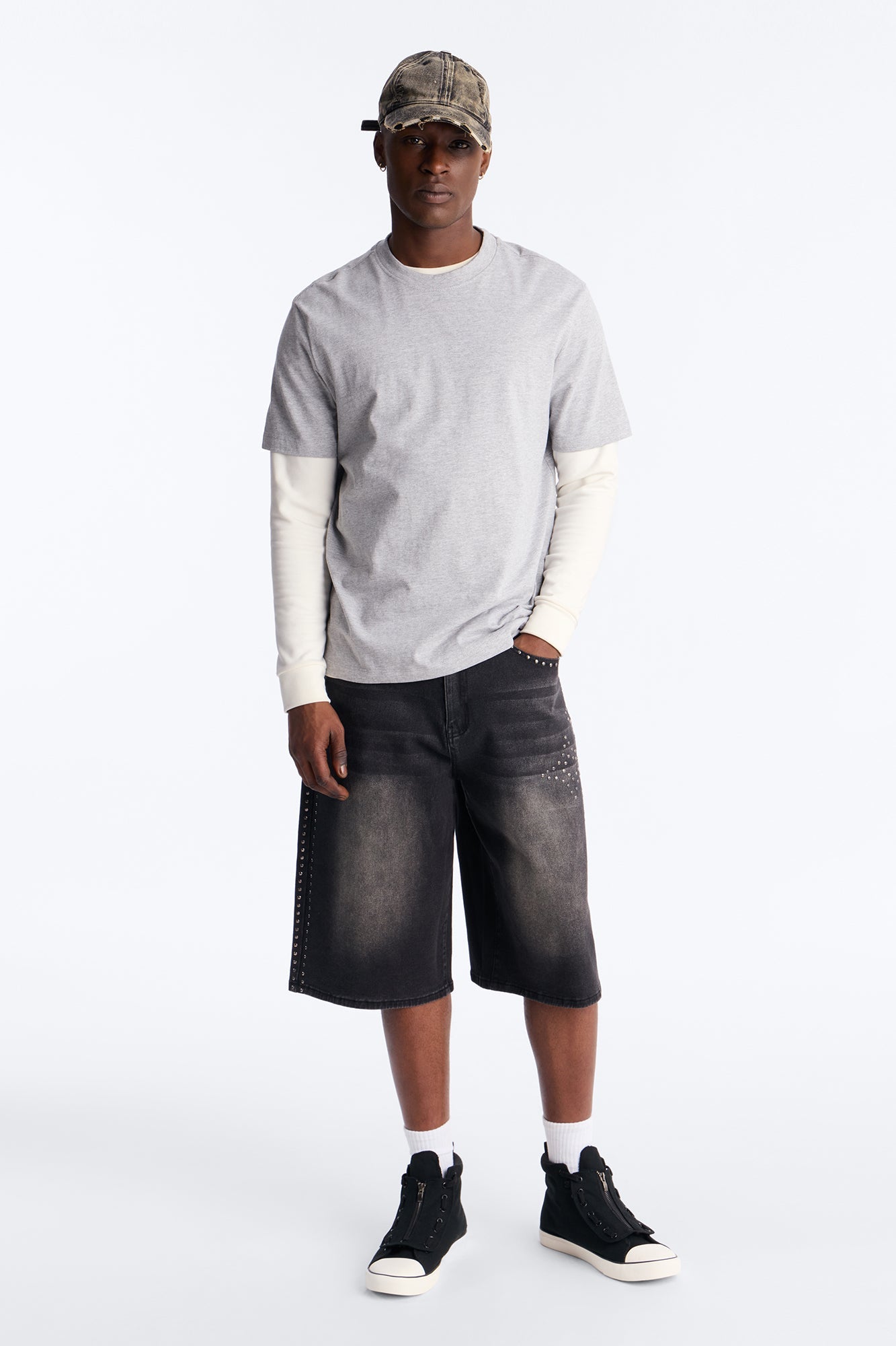 In Denim We Trust Baggy Studded Denim Short - Black Wash image 2