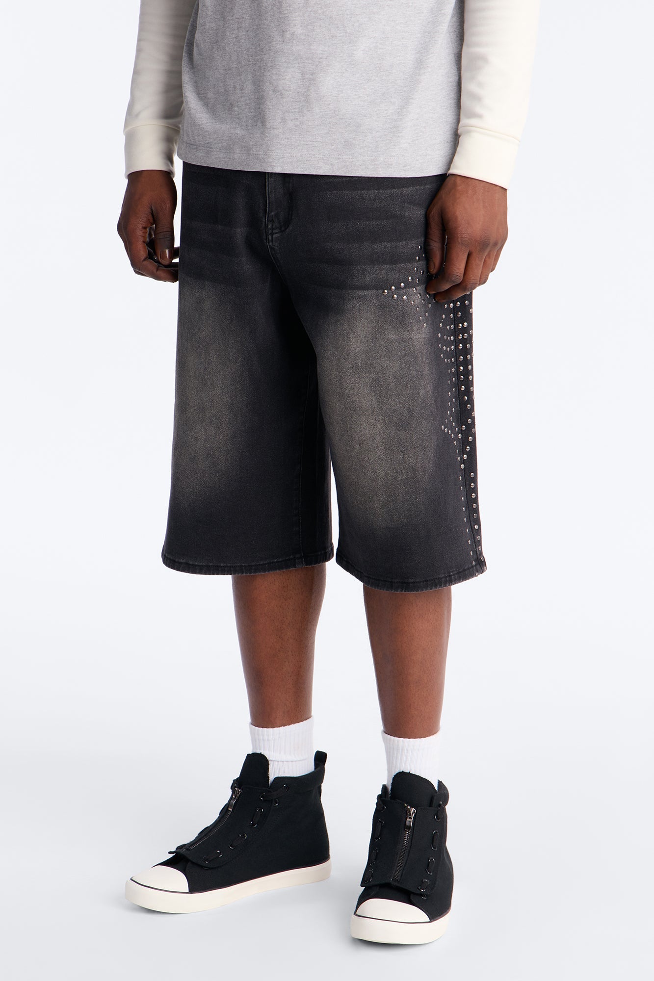 In Denim We Trust Baggy Studded Denim Short - Black Wash image 1