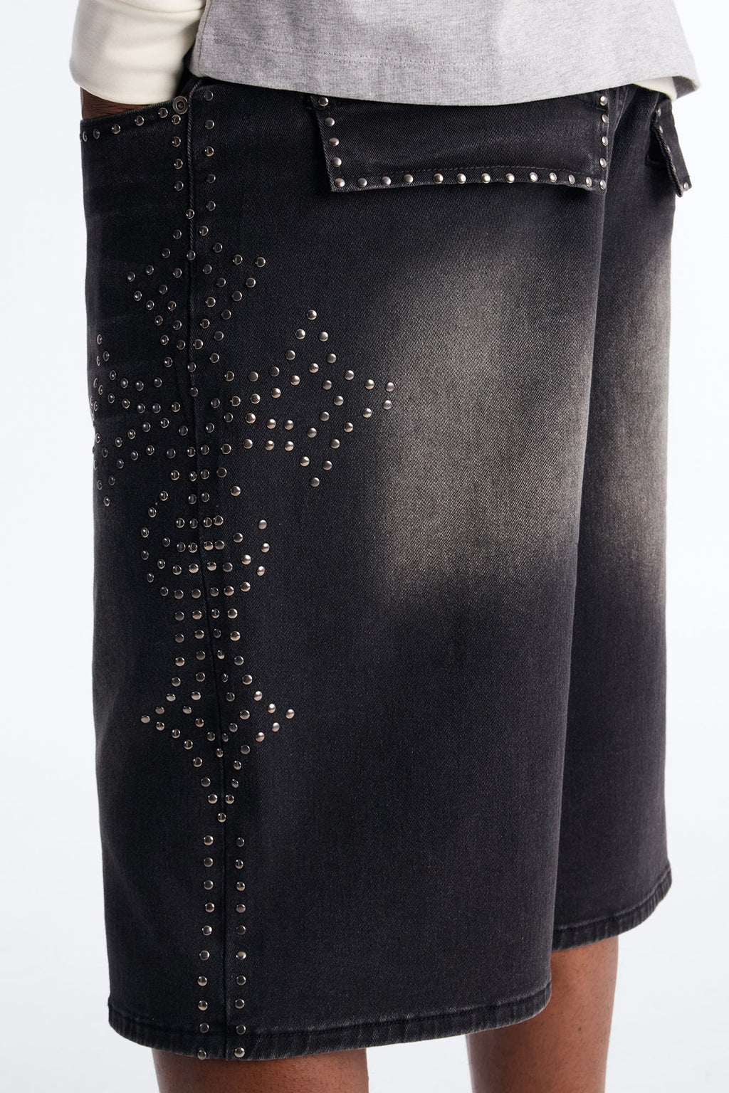 In Denim We Trust Baggy Studded Denim Short - Black Wash image 4