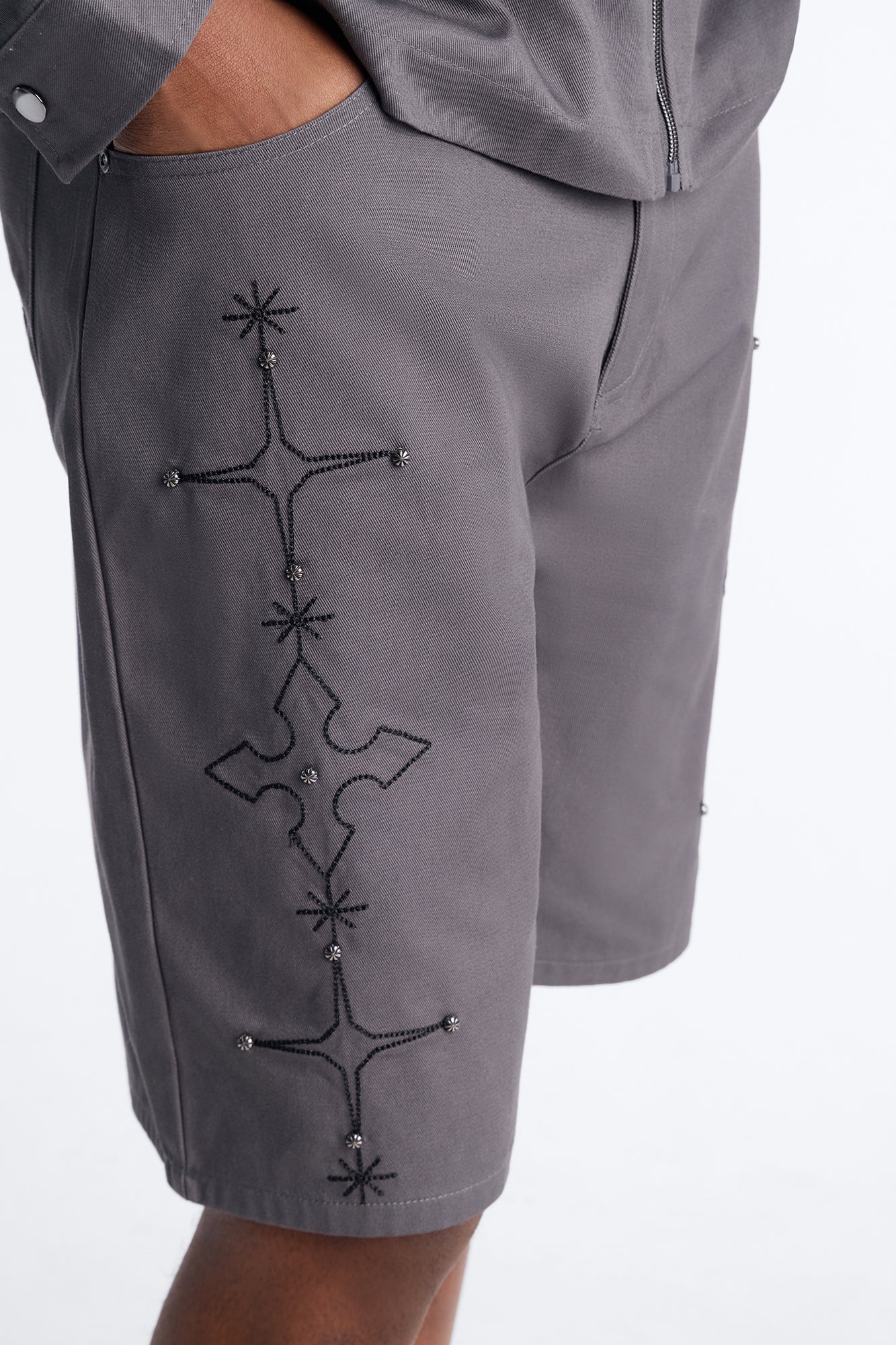 Relaxed Vatican City Stitched Embellished Short - Grey image 1