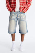 Relaxed Saints Embellished Denim Shorts - Light Blue Wash image 1