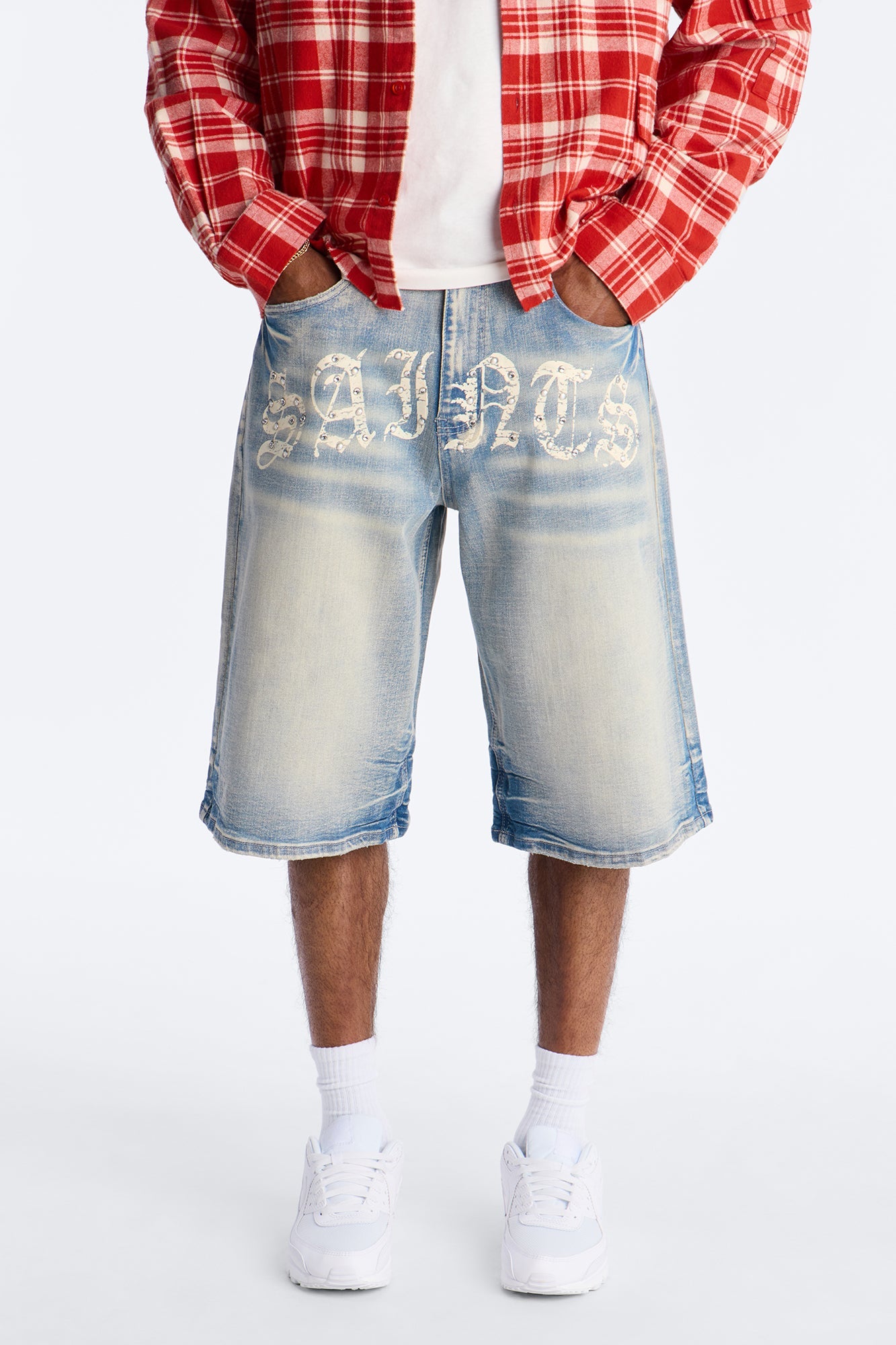 Relaxed Saints Embellished Denim Shorts - Light Blue Wash image 1