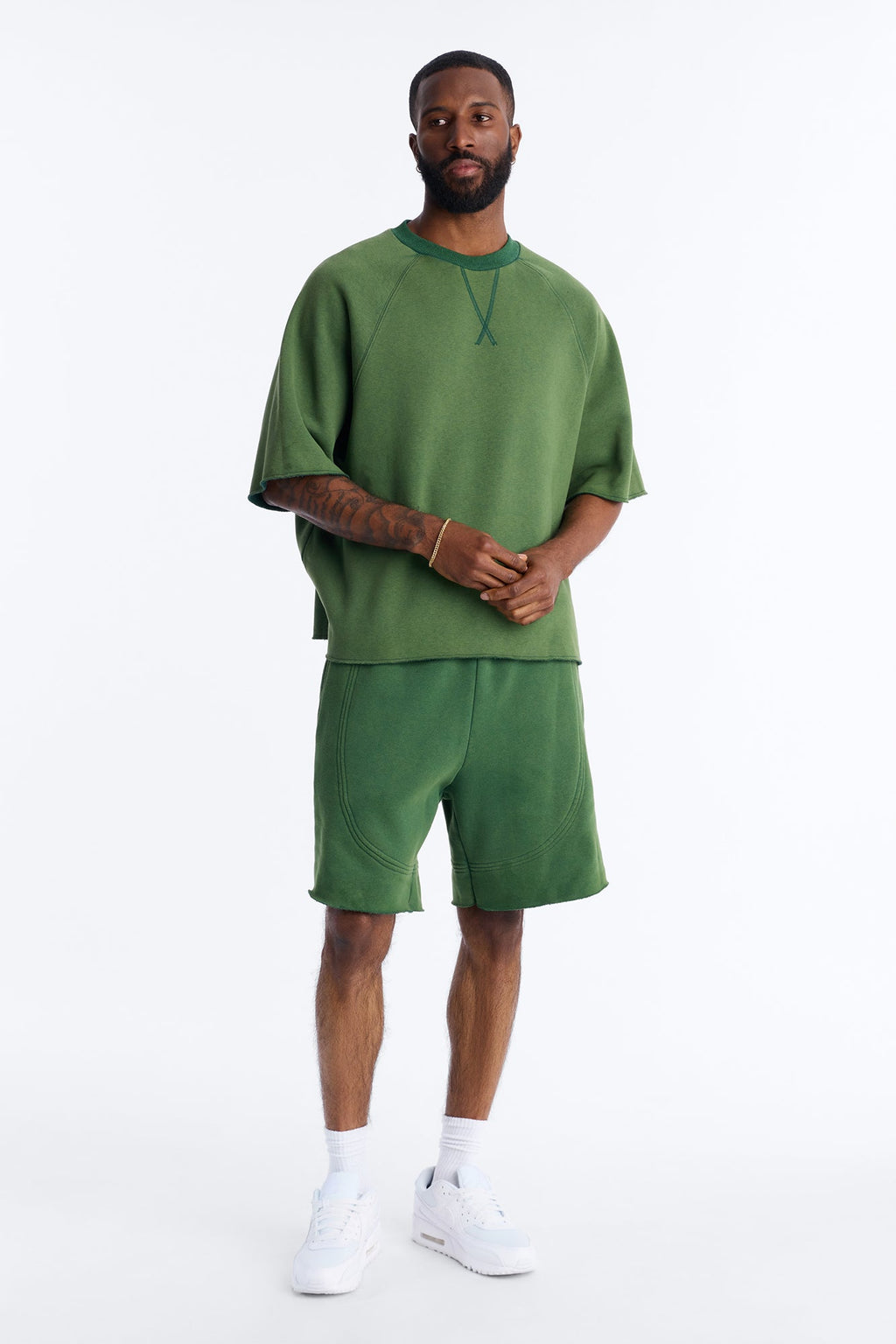 Washed Raw Edge Baggy Sweatshort - Green image 2