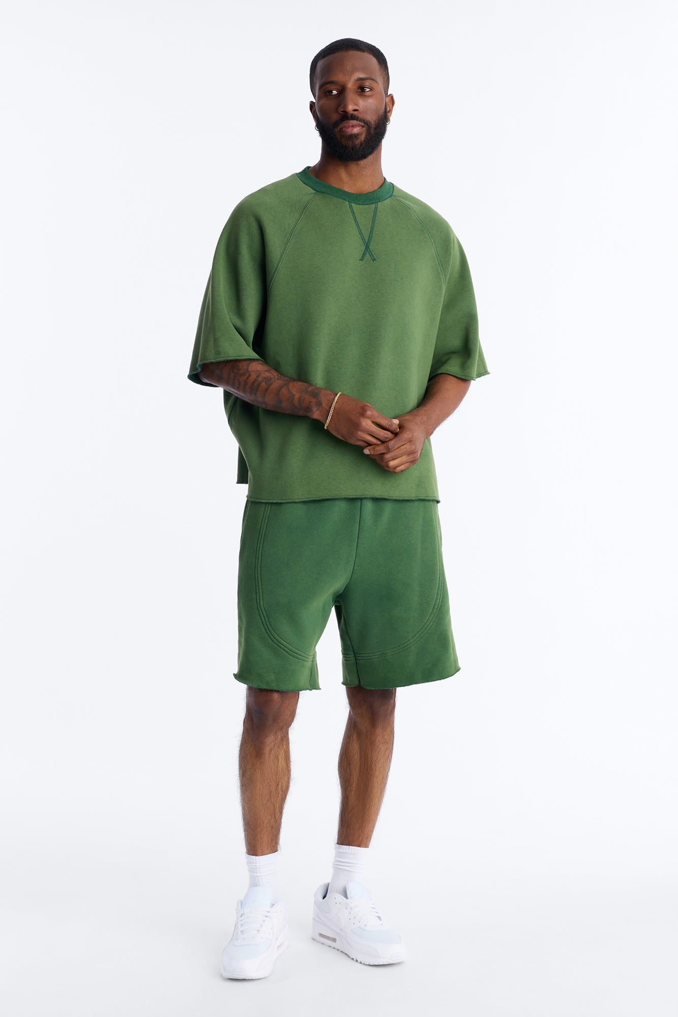 Washed Raw Edge Baggy Sweatshort - Green image 2