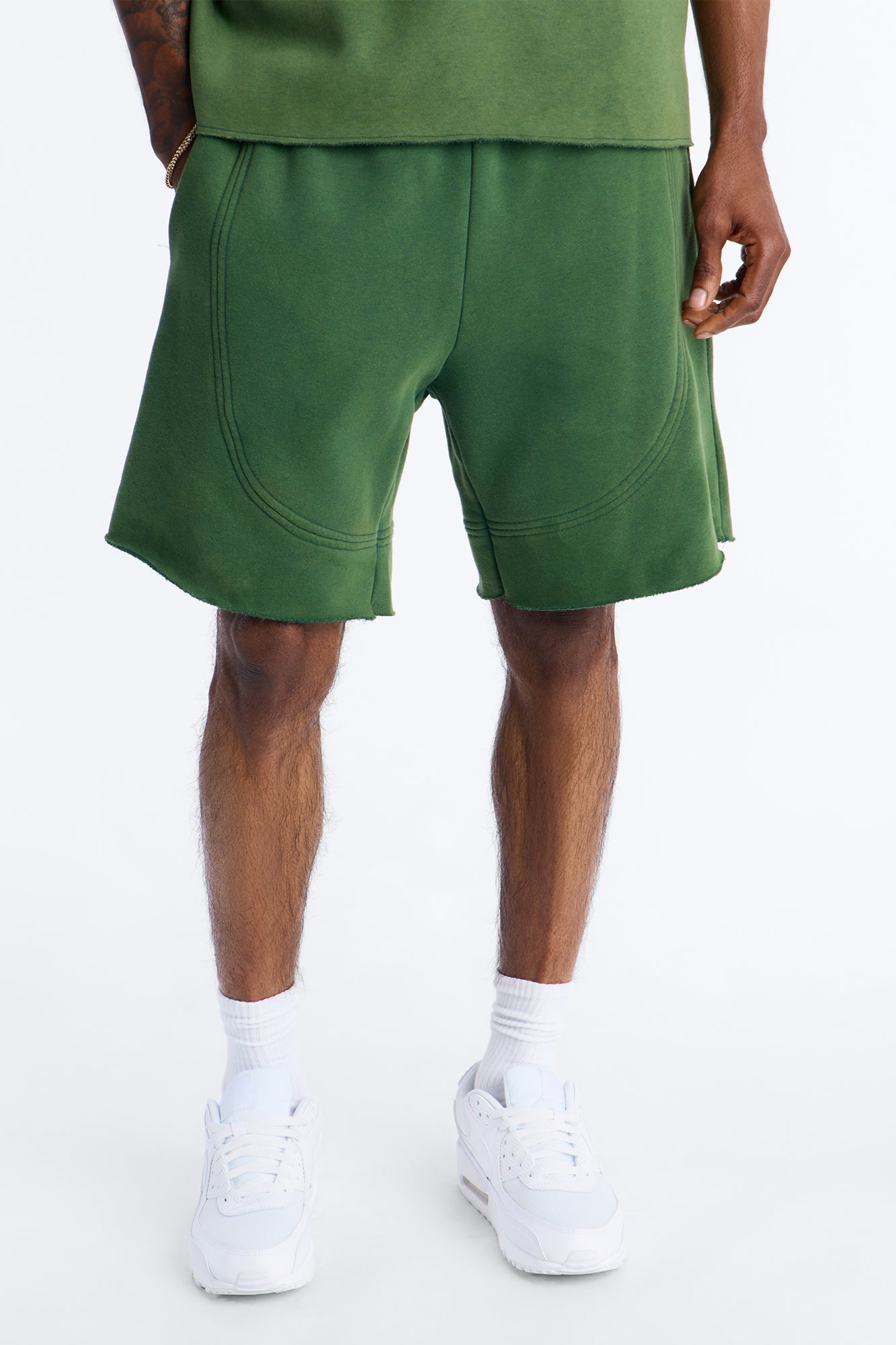 Washed Raw Edge Baggy Sweatshort - Green image 1