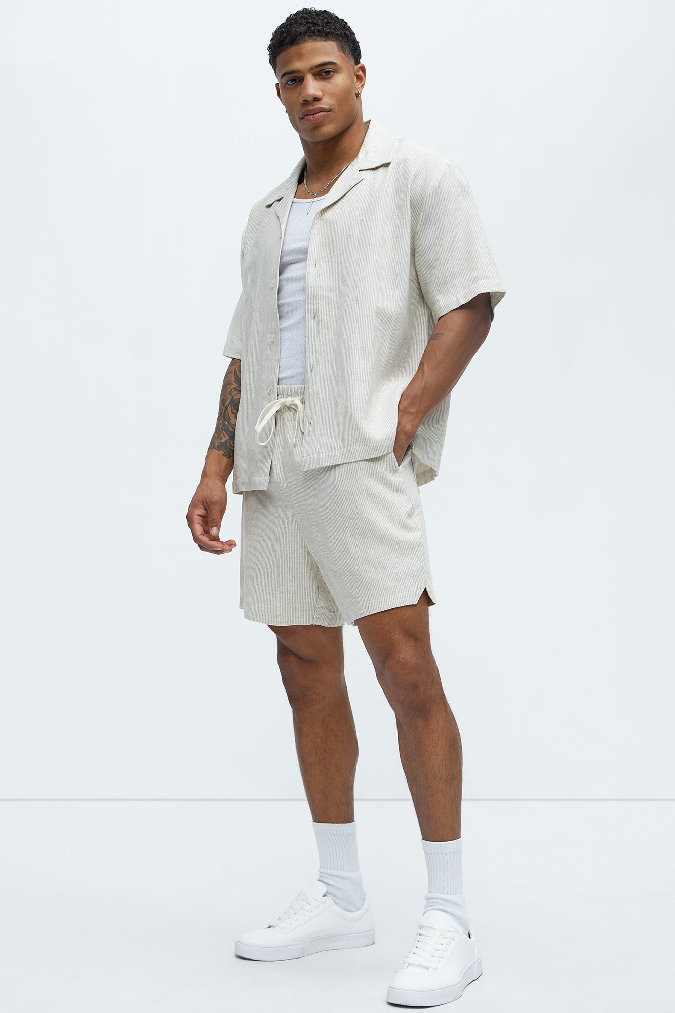 Twill Stripe Linen Shorts - Taupe/combo image 2
