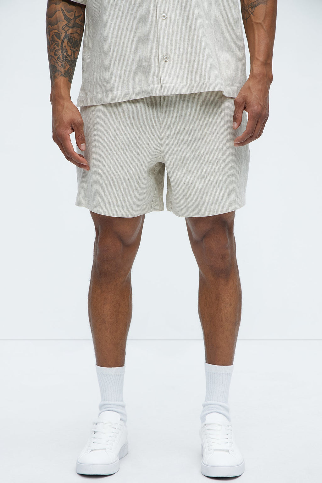 Twill Stripe Linen Shorts - Taupe/combo image 1