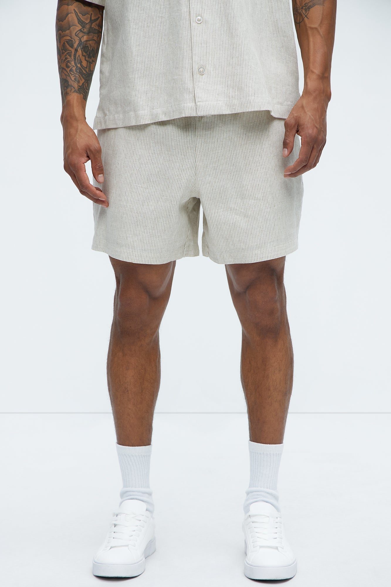 Twill Stripe Linen Shorts - Taupe/combo image 1