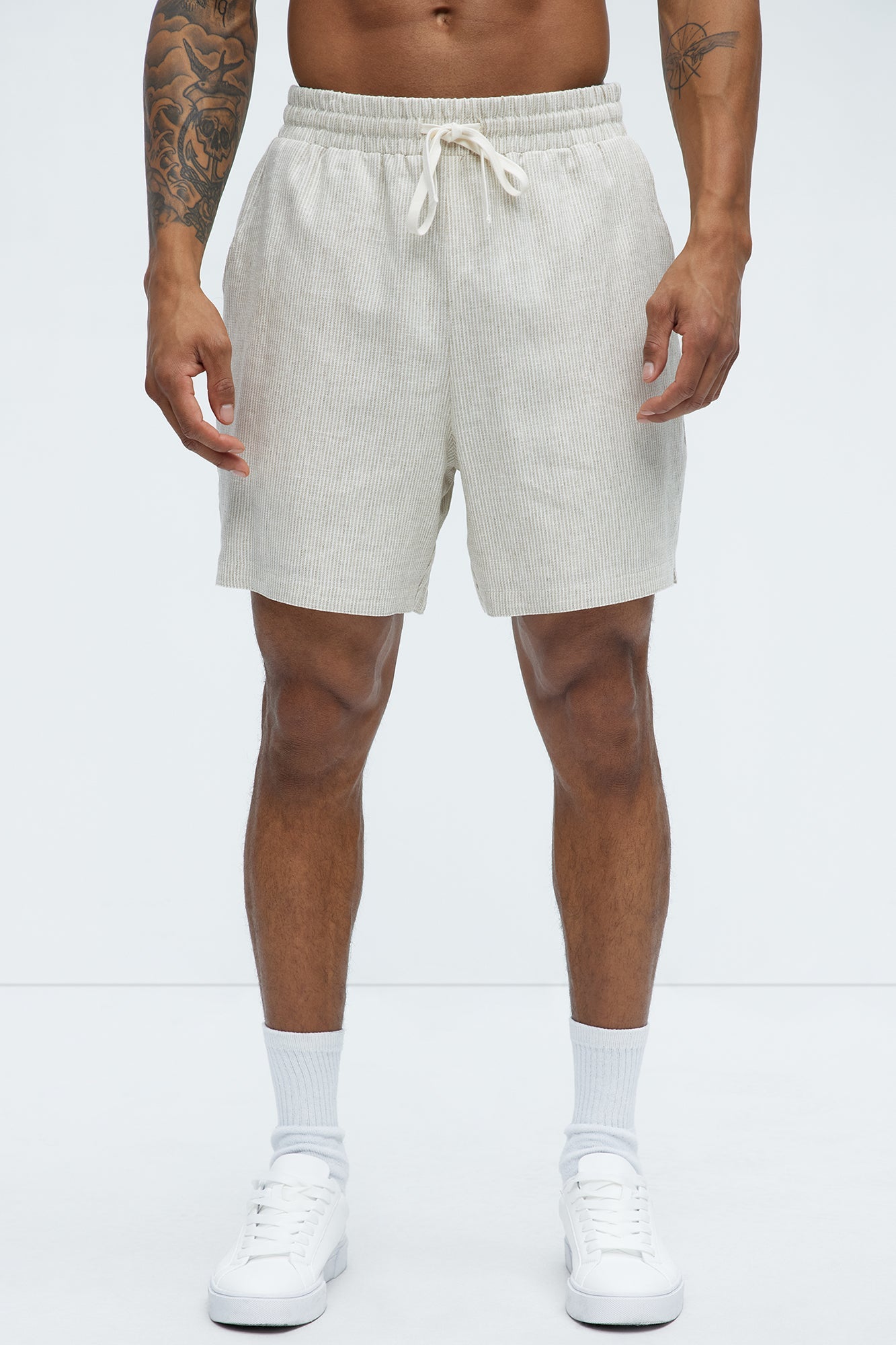Twill Stripe Linen Shorts - Taupe/combo image 3
