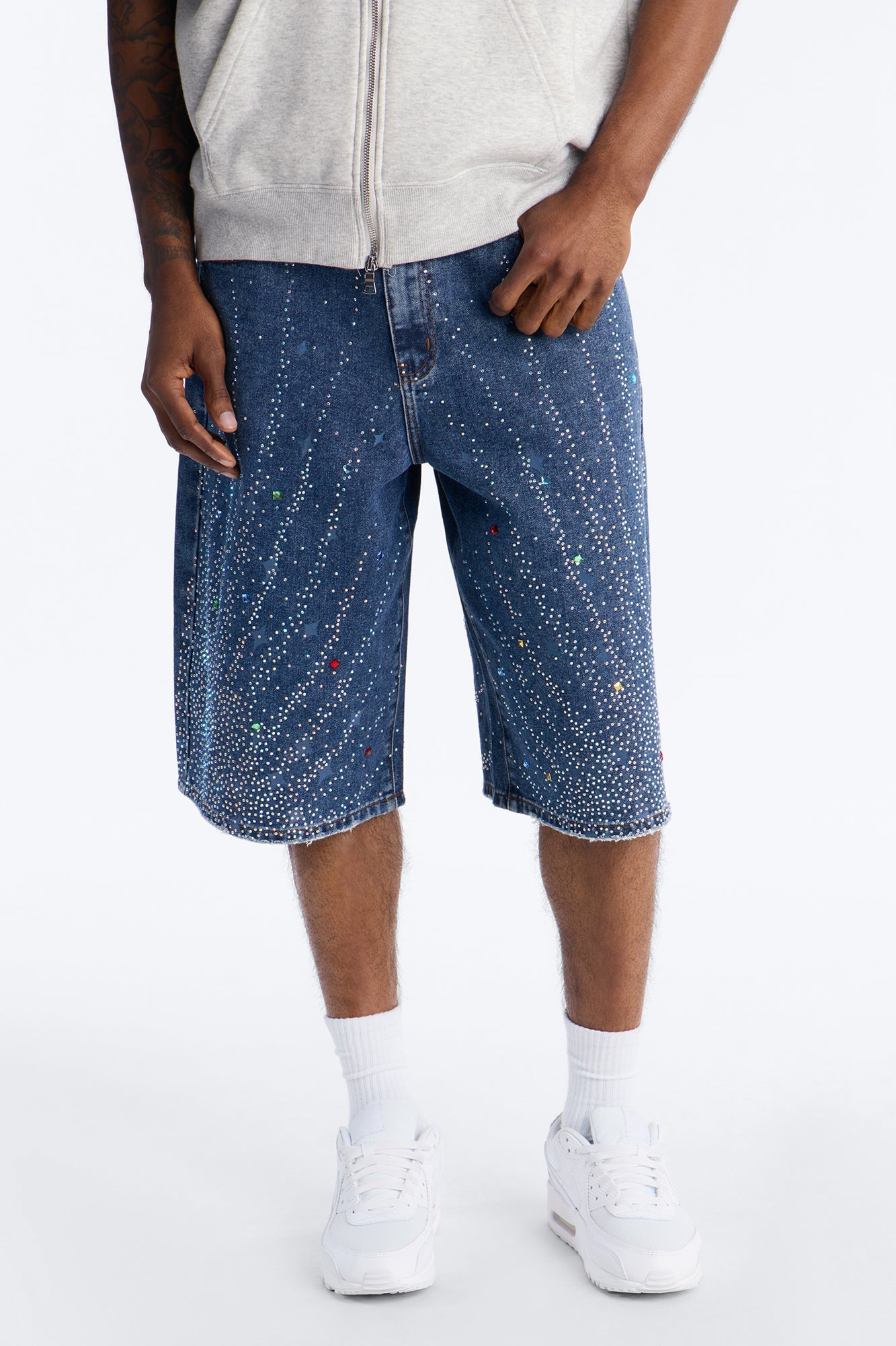 Baggy Cascade Jeweled Denim Shorts - Dark Wash image 1