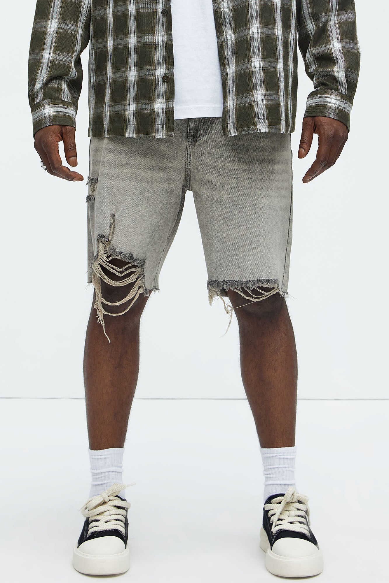 Relaxed Raw Hem Distressed Denim Shorts - Grey/Smoke image 1