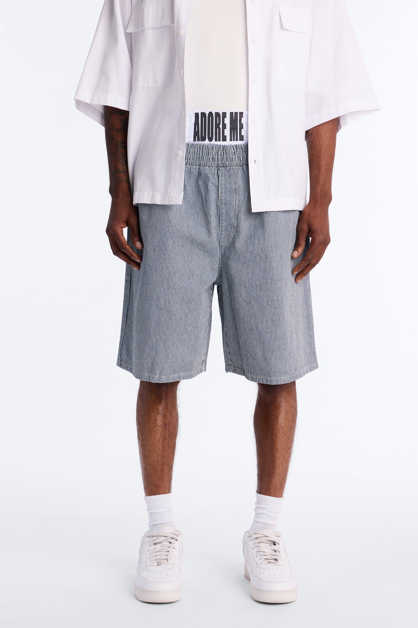 Relaxed Adore Me Double Waistband Pinstripe Short - White/Blue image 1
