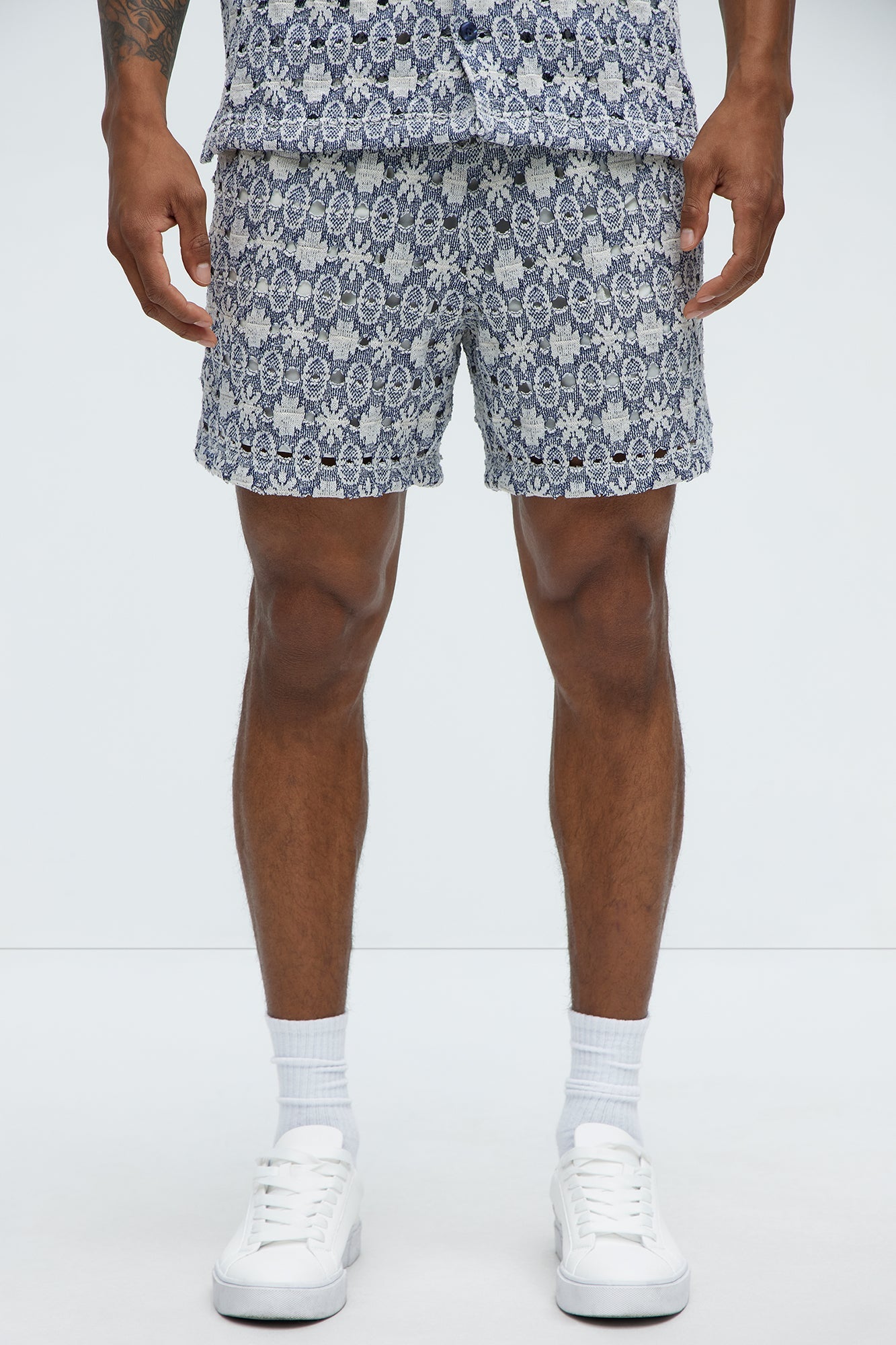 Patterned Open Knit Shorts - Blue/combo image 1