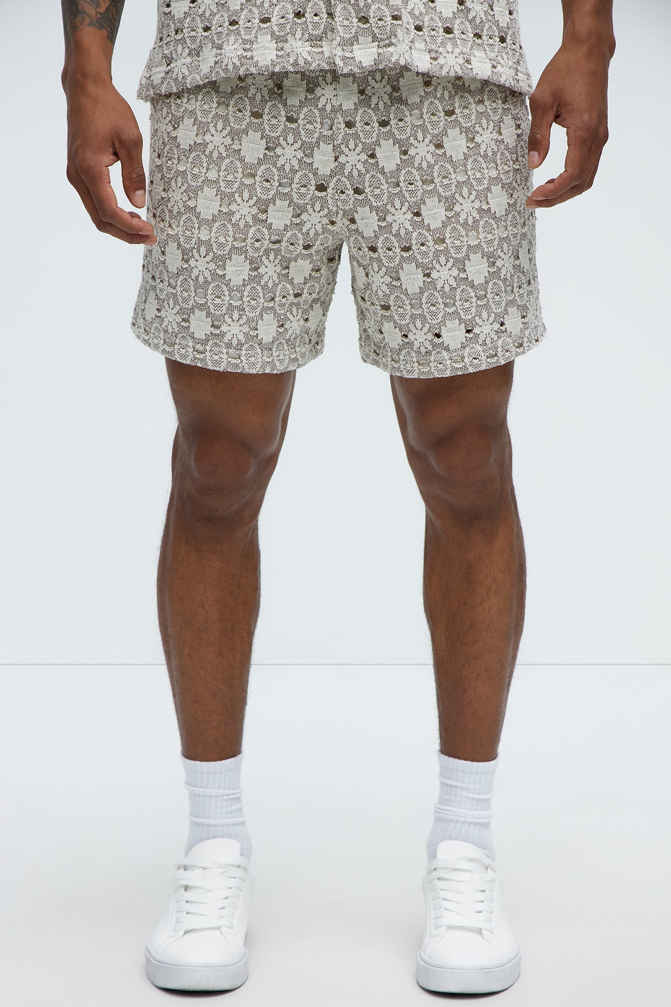 Patterned Open Knit Shorts - Cream/combo image 1