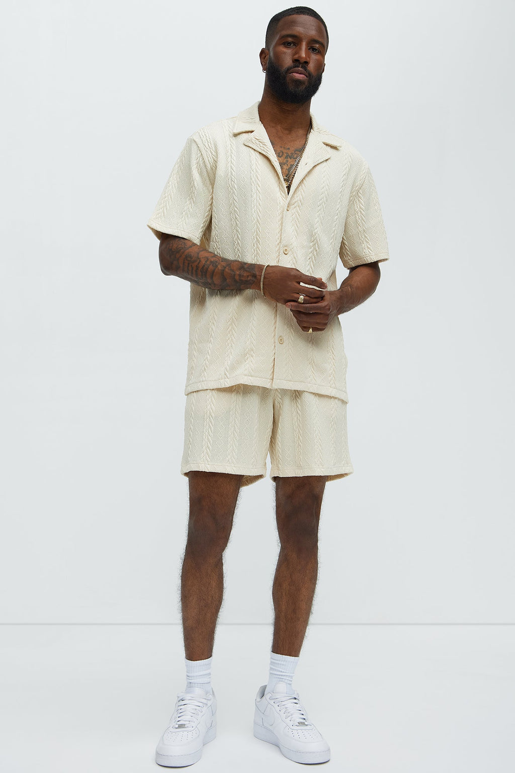 Textured Stripes Relaxed Drawstring Shorts - Cream image 2