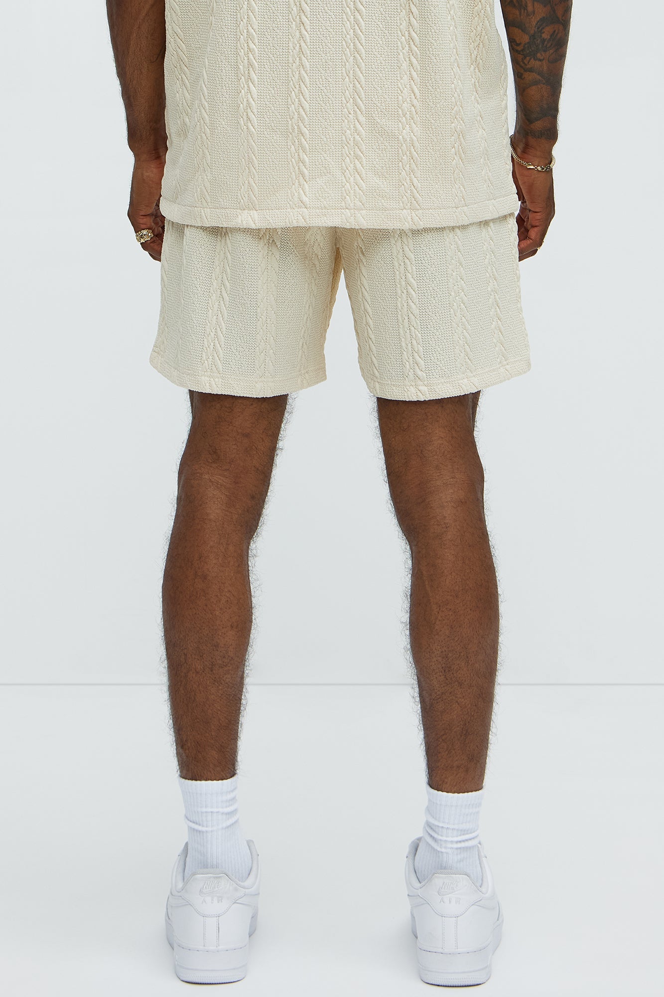 Textured Stripes Relaxed Drawstring Shorts - Cream image 4