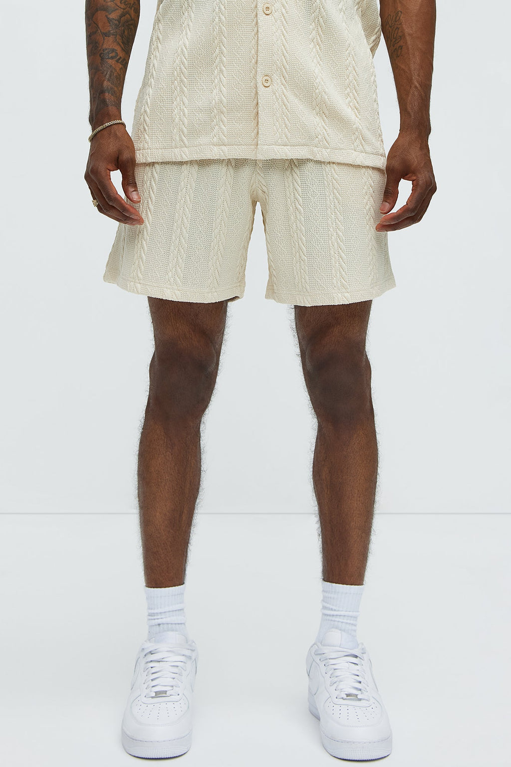 Textured Stripes Relaxed Drawstring Shorts - Cream image 1