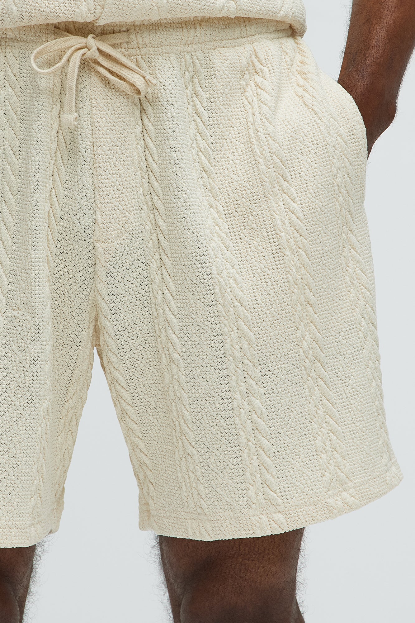 Textured Stripes Relaxed Drawstring Shorts - Cream image 3