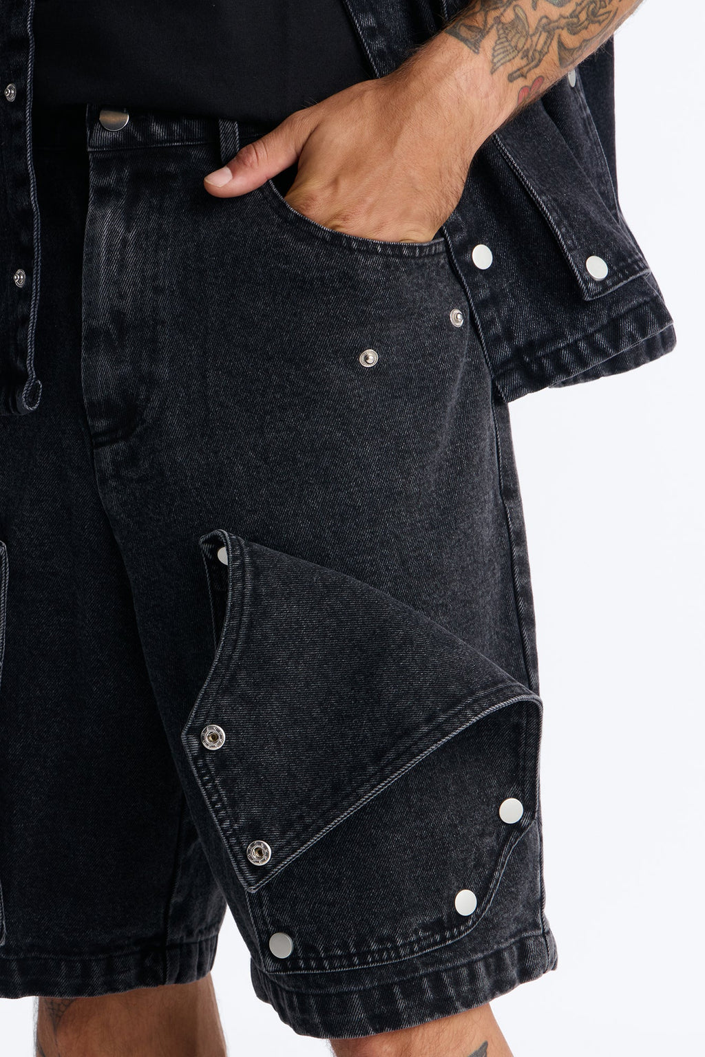 Baggy Utility Snap Panel Denim Short - Black Wash image 3