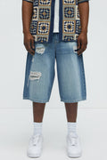 Say It Distressed Baggy Denim Shorts - Medium Blue Wash image 1