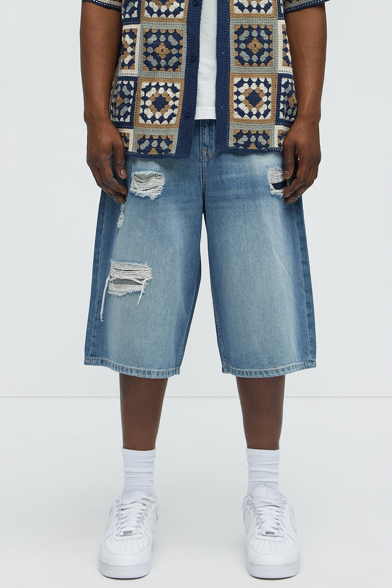 Say It Distressed Baggy Denim Shorts - Medium Blue Wash image 1