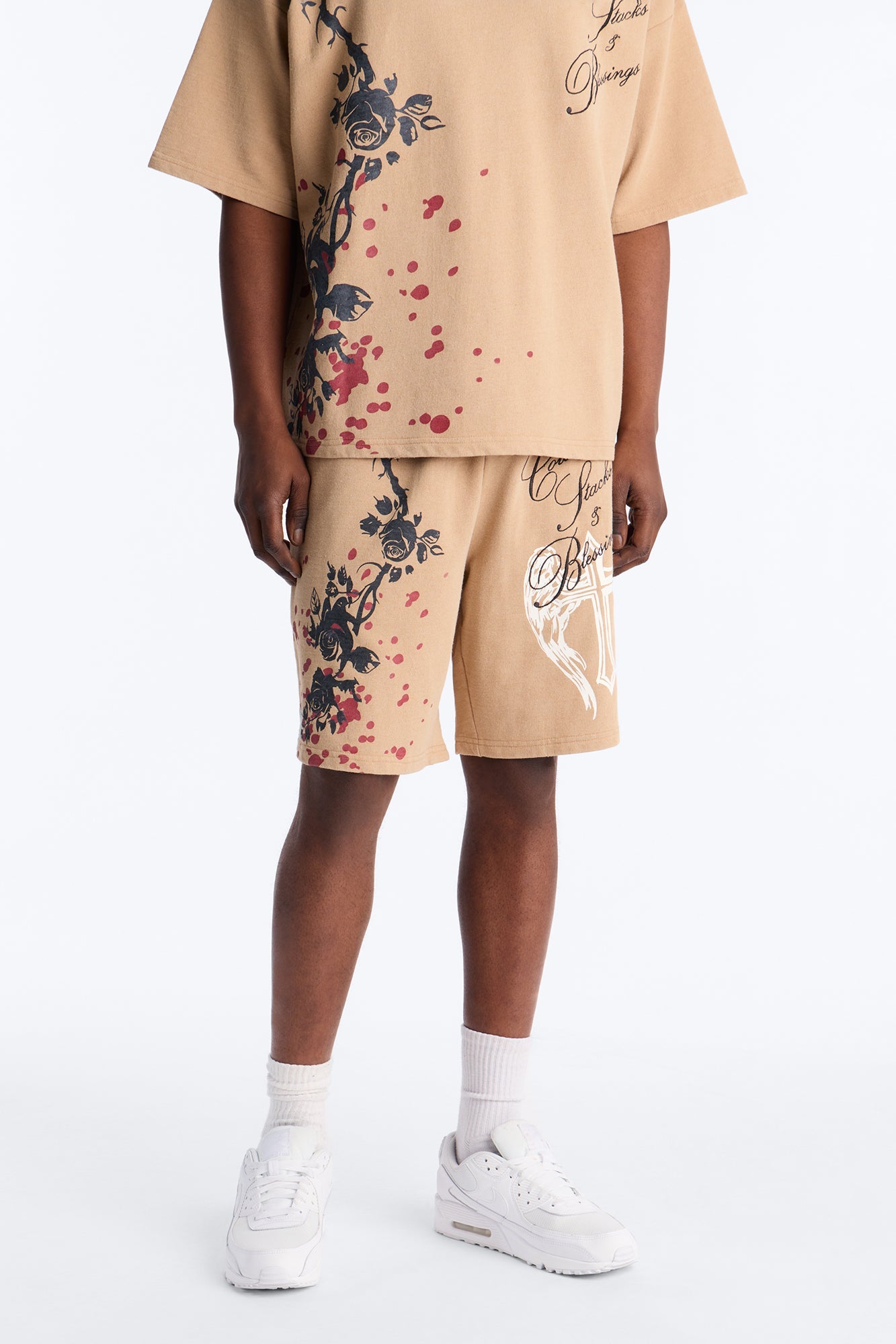 Count Your Blessings Embroidered Relaxed Sweatshort - Tan image 1