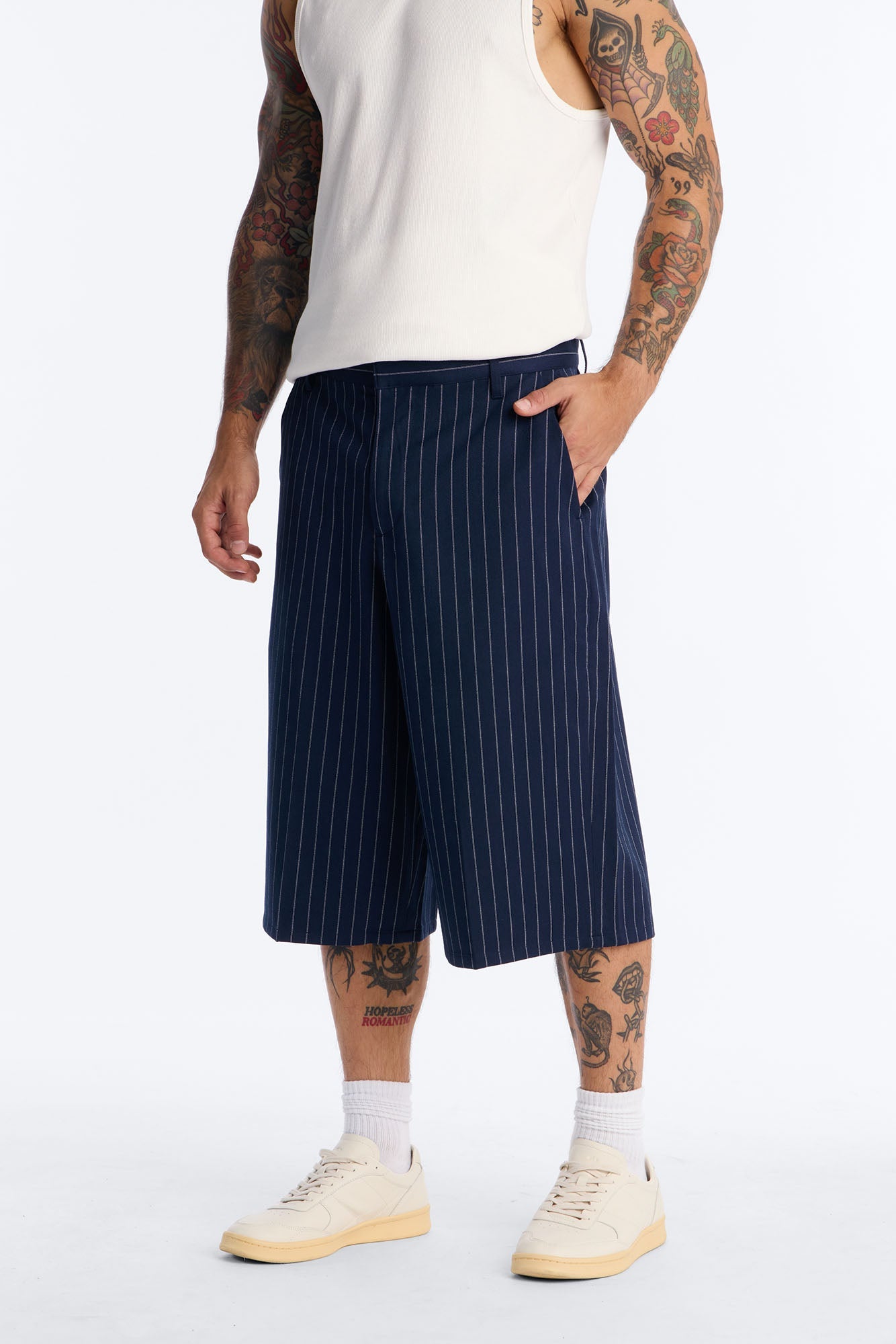 Baggy Striped Trouser Short - Navy image 1