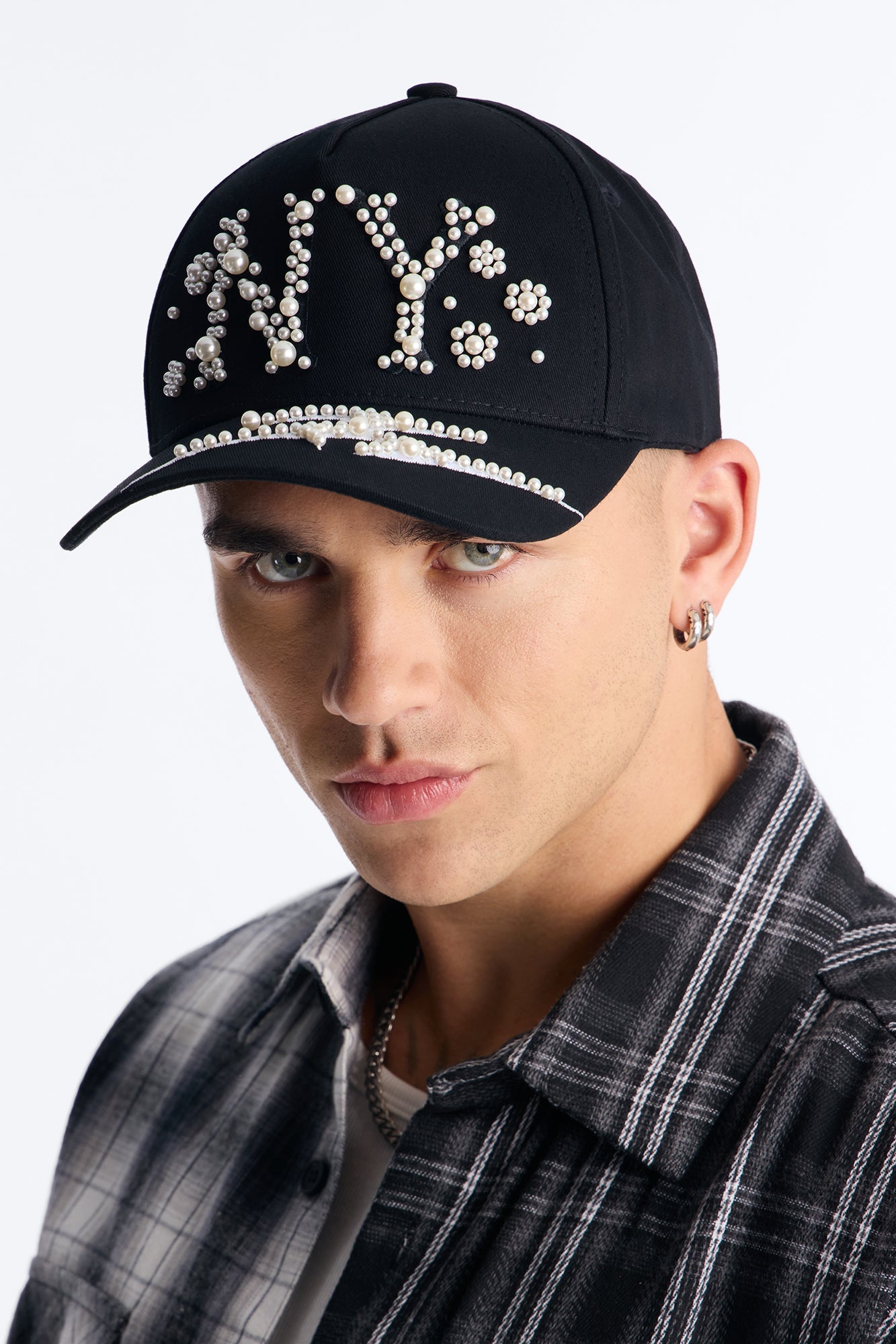 NY Pearls Faux Suede Brim Snapback Hat - Black image 1
