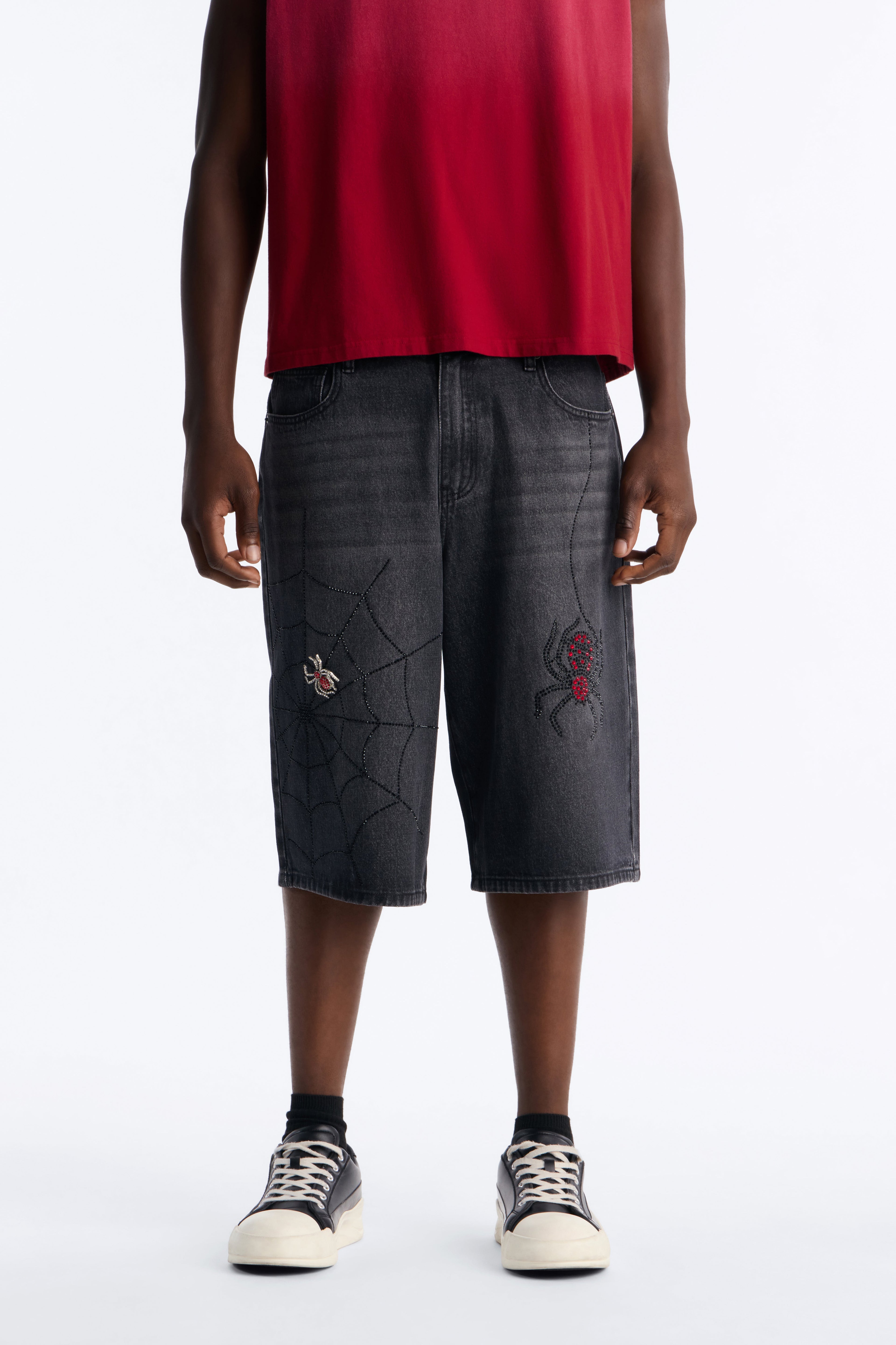 Baggy Black Widow Jeweled Denim Short - Black Wash image 1