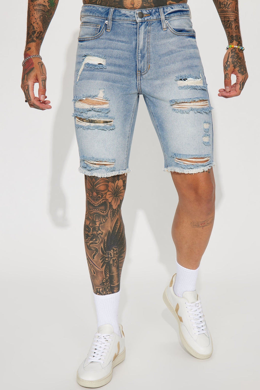 Back To It Distressed Raw Hem Slim Denim Shorts - Light Wash image 1