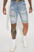 Back To It Distressed Raw Hem Slim Denim Shorts - Light Wash image 1