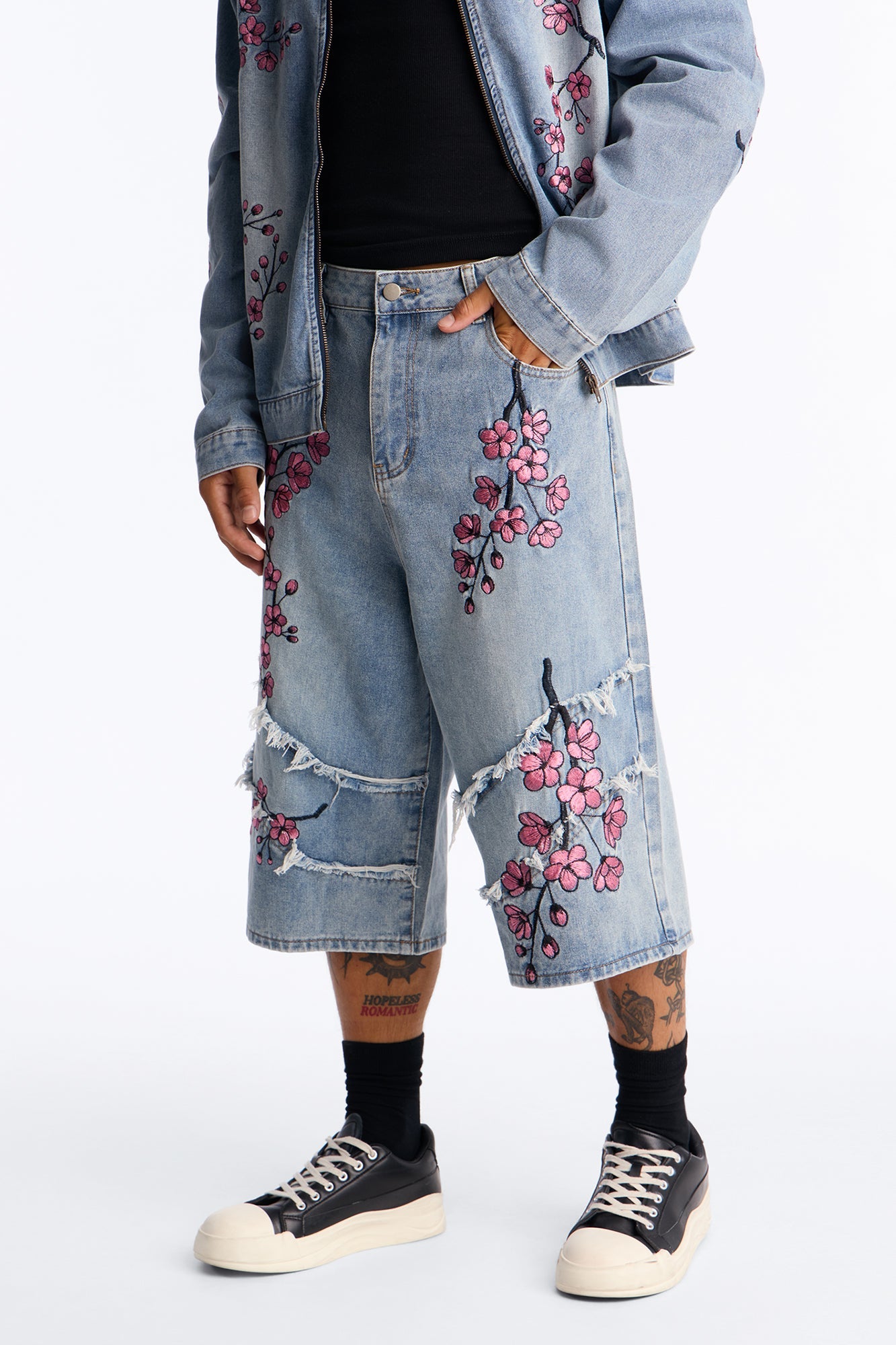 Sakura Flora Embroidered Baggy Denim Short - Light Blue Wash image 1
