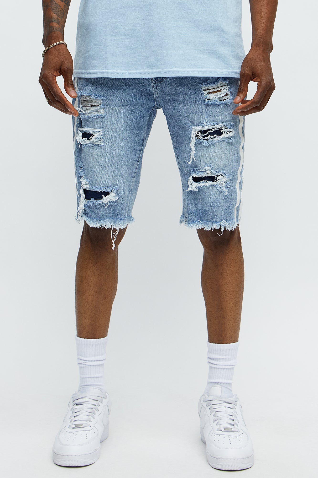 Picture Me Rollin Striped Denim Shorts - MediumWash image 1