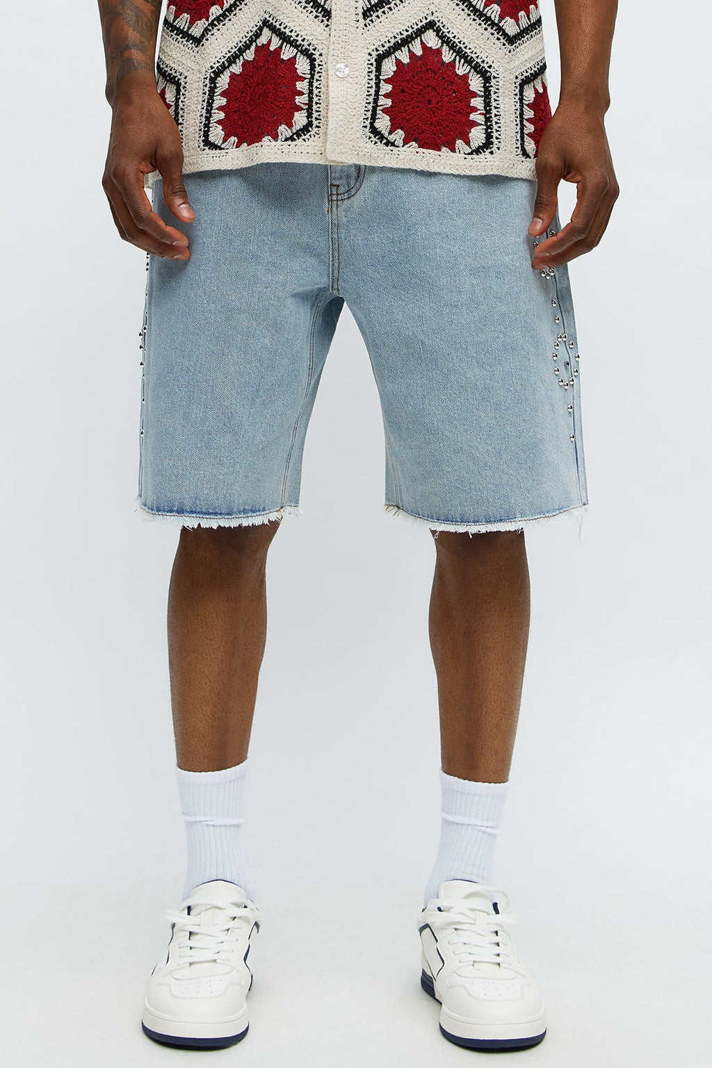 Relaxed Come In Clutch Studded Denim Shorts - Light Blue Wash image 1