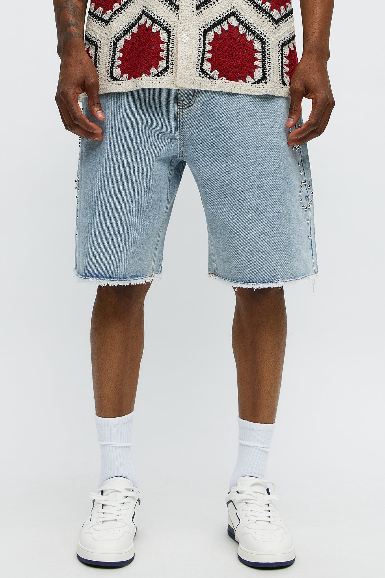Relaxed Come In Clutch Studded Denim Shorts - Light Blue Wash image 1