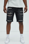 Back To It Distressed Raw Hem Slim Denim Shorts - Black image 1