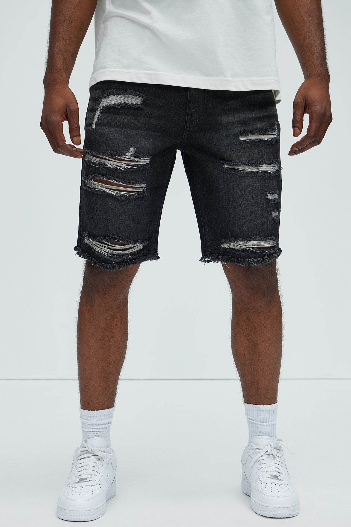 Back To It Distressed Raw Hem Slim Denim Shorts - Black image 1