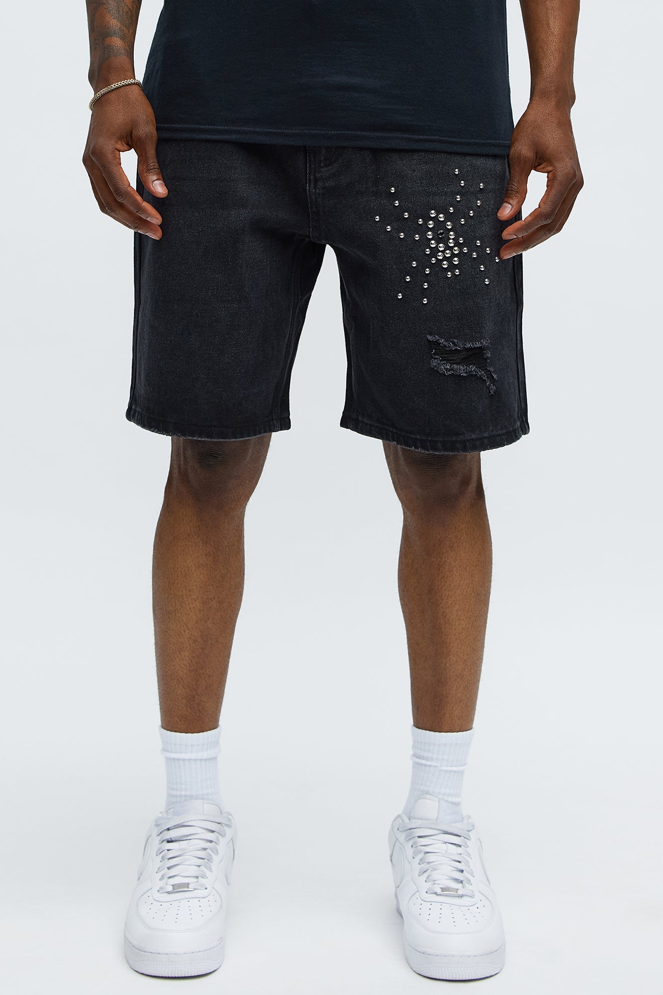 Relaxed Studded Spider Denim Shorts - Black Wash image 1