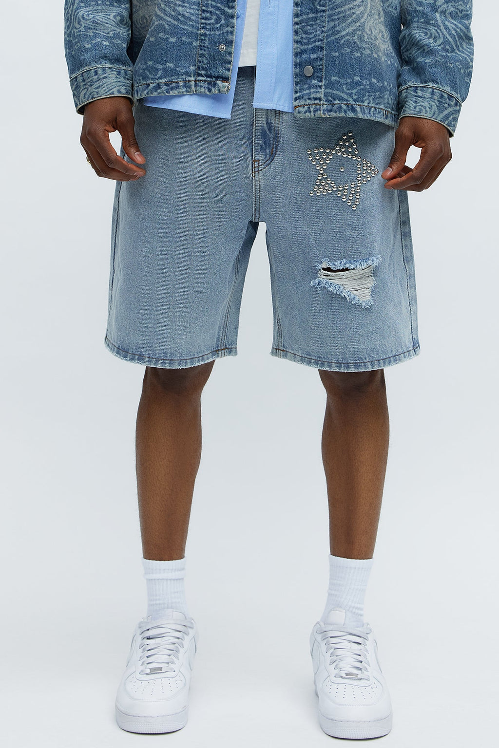 Relaxed Star Studded Denim Shorts - Light Blue Wash image 1